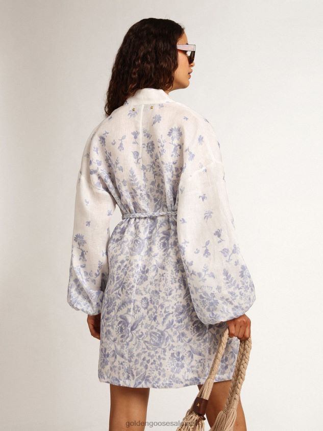 Resort Collection Mini Dress in linen with Mediterranean blue print FN20N1009 Women Golden Goose