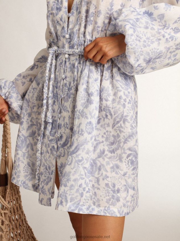 Resort Collection Mini Dress in linen with Mediterranean blue print FN20N1009 Women Golden Goose