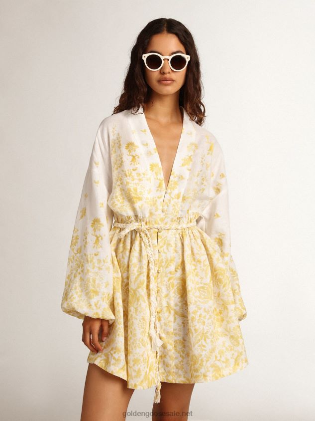 Resort Collection Mini Dress in linen with lemon yellow print FN20N1006 Women Golden Goose