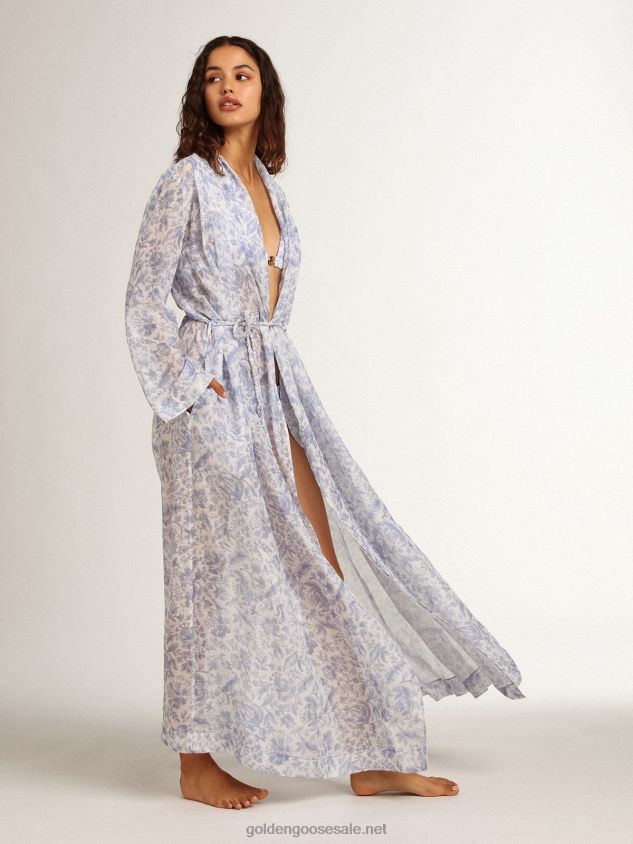 Resort Collection linen blend kaftan dress with Mediterranean blue print FN20N1018 Women Golden Goose