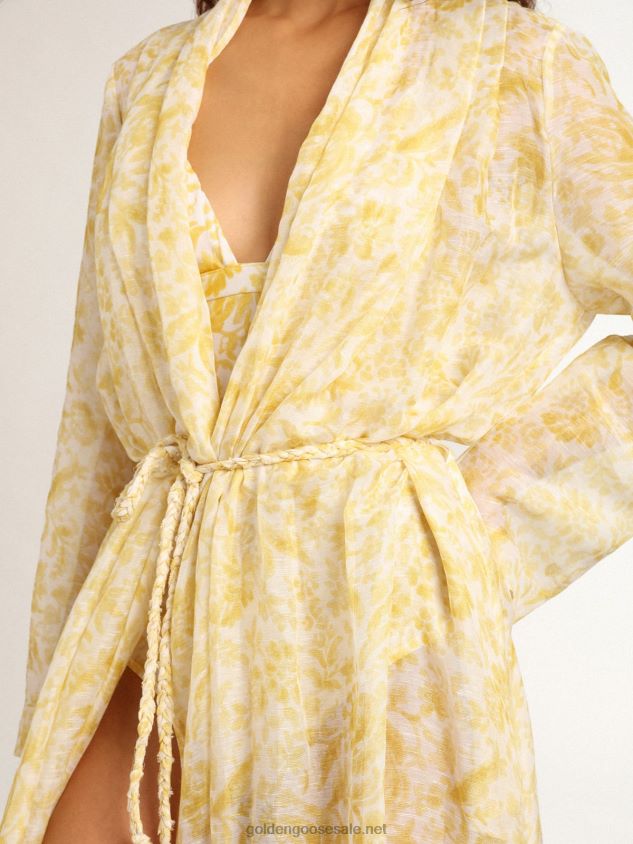 Resort Collection linen blend kaftan dress with lemon yellow print FN20N1010 Women Golden Goose