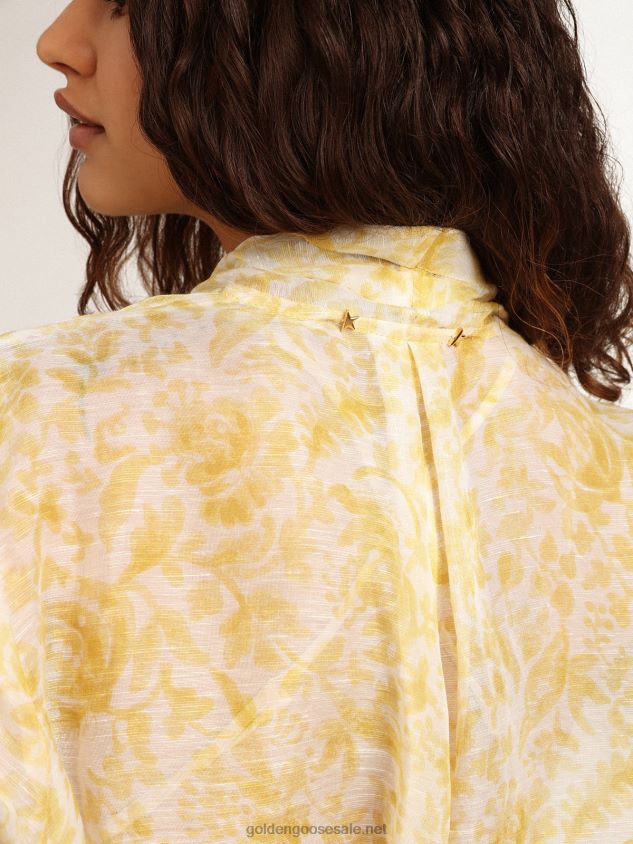 Resort Collection linen blend kaftan dress with lemon yellow print FN20N1010 Women Golden Goose