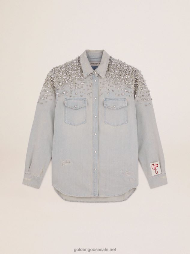 Collection bleached denim boyfriend shirt with cabochon crystals FN20N932 Women Golden Goose