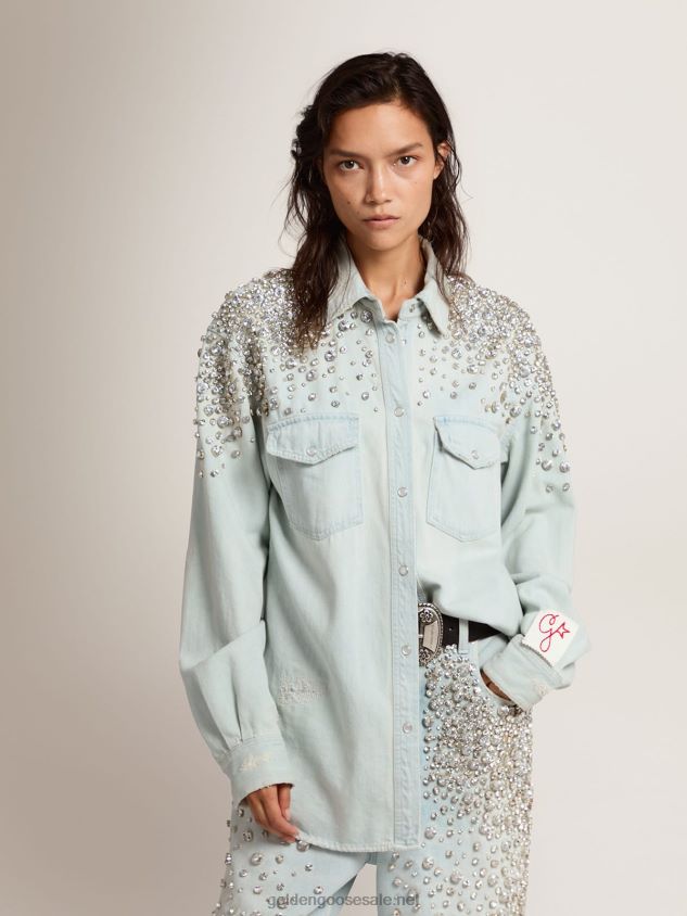 Collection bleached denim boyfriend shirt with cabochon crystals FN20N932 Women Golden Goose