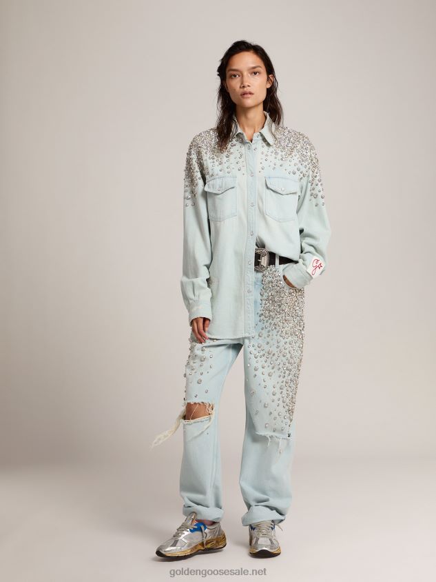 Collection bleached denim boyfriend shirt with cabochon crystals FN20N932 Women Golden Goose
