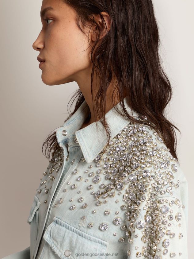 Collection bleached denim boyfriend shirt with cabochon crystals FN20N932 Women Golden Goose
