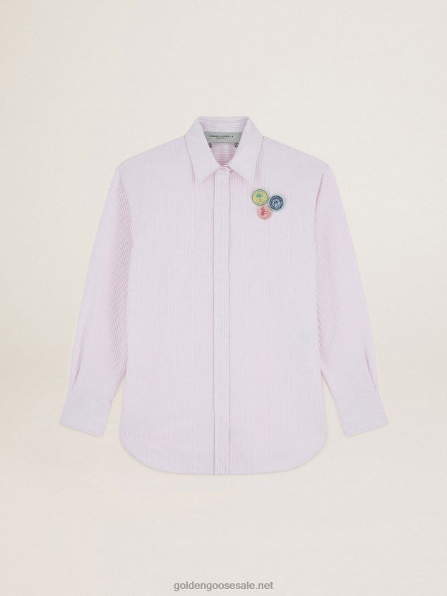 Oversized Journey Collection shirt with pink and white vertical stripes and pins FN20N1024 Women Golden Goose