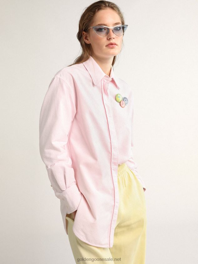 Oversized Journey Collection shirt with pink and white vertical stripes and pins FN20N1024 Women Golden Goose
