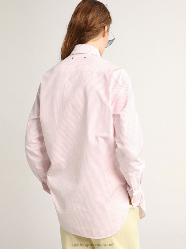 Oversized Journey Collection shirt with pink and white vertical stripes and pins FN20N1024 Women Golden Goose