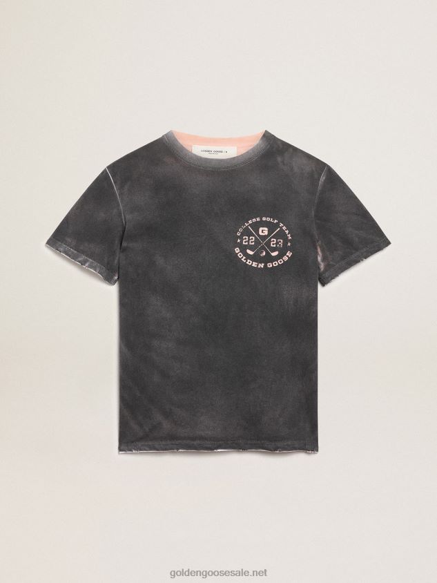 Aged-look gray Journey Collection T-shirt with contrasting pale pink print on the front and hand-worn areas FN20N976 Women Golden Goose