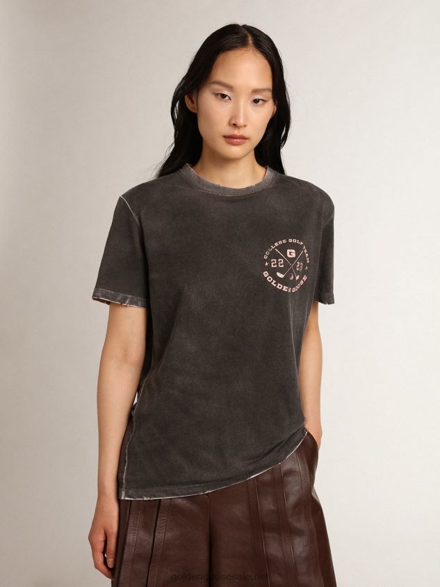 Aged-look gray Journey Collection T-shirt with contrasting pale pink print on the front and hand-worn areas FN20N976 Women Golden Goose