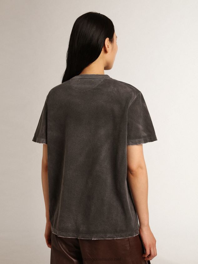 Aged-look gray Journey Collection T-shirt with contrasting pale pink print on the front and hand-worn areas FN20N976 Women Golden Goose