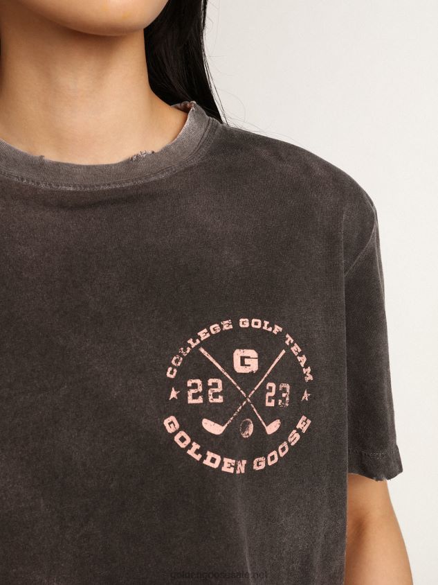 Aged-look gray Journey Collection T-shirt with contrasting pale pink print on the front and hand-worn areas FN20N976 Women Golden Goose