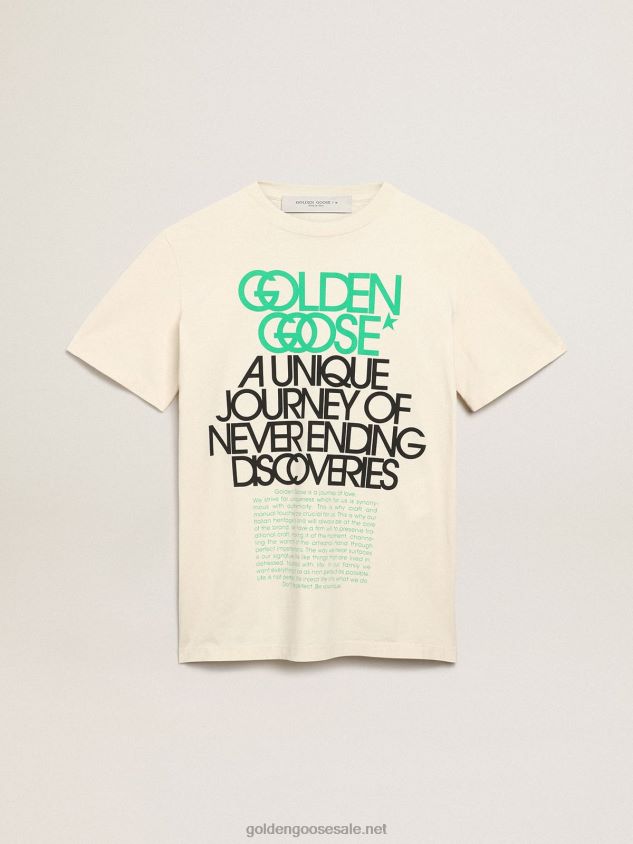 Bone-white Journey Collection T-shirt with black and bright-green lettering on the front FN20N993 Women Golden Goose