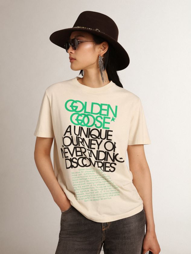 Bone-white Journey Collection T-shirt with black and bright-green lettering on the front FN20N993 Women Golden Goose