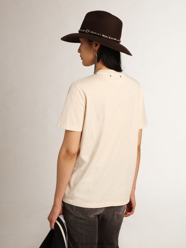 Bone-white Journey Collection T-shirt with black and bright-green lettering on the front FN20N993 Women Golden Goose