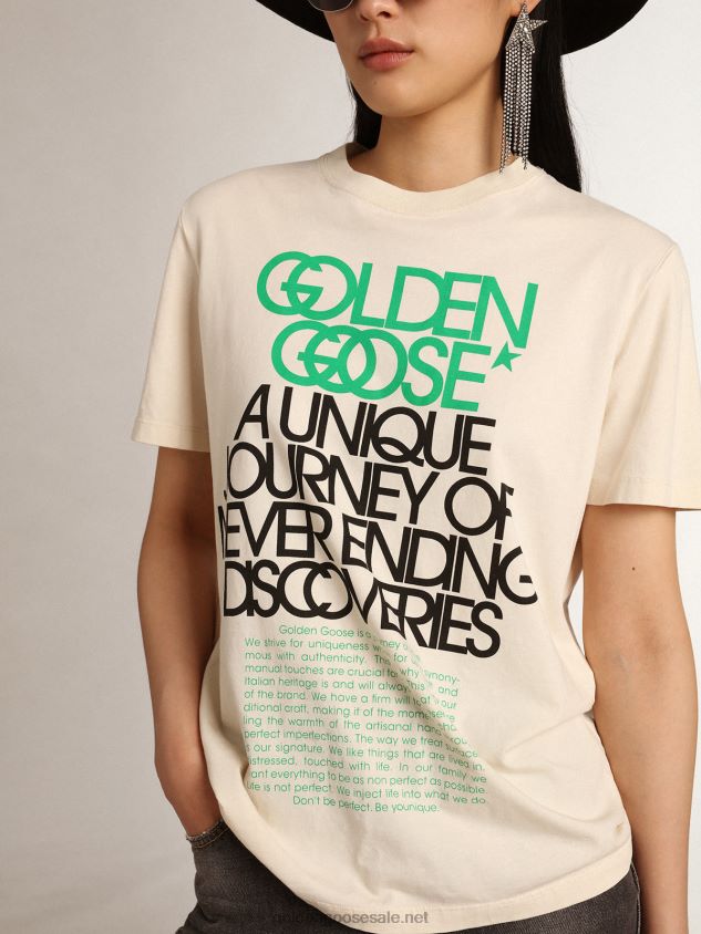 Bone-white Journey Collection T-shirt with black and bright-green lettering on the front FN20N993 Women Golden Goose