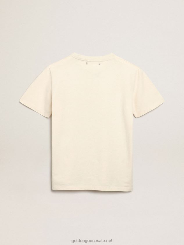 Bone-white Journey Collection T-shirt with black and bright-green lettering on the front FN20N993 Women Golden Goose