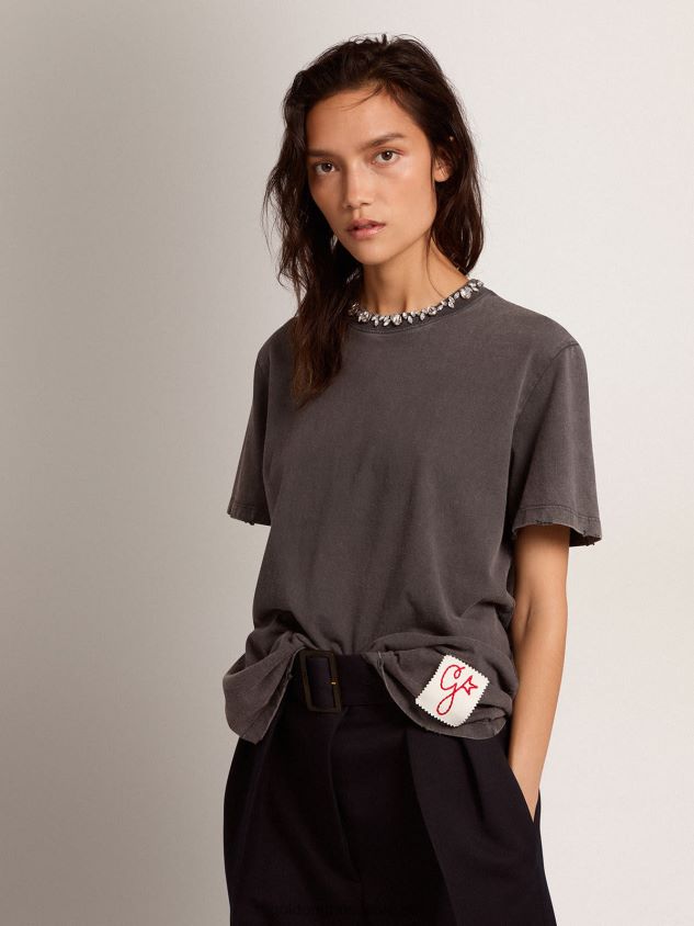Collection T-shirt in anthracite gray with cabochon crystals FN20N947 Women Golden Goose