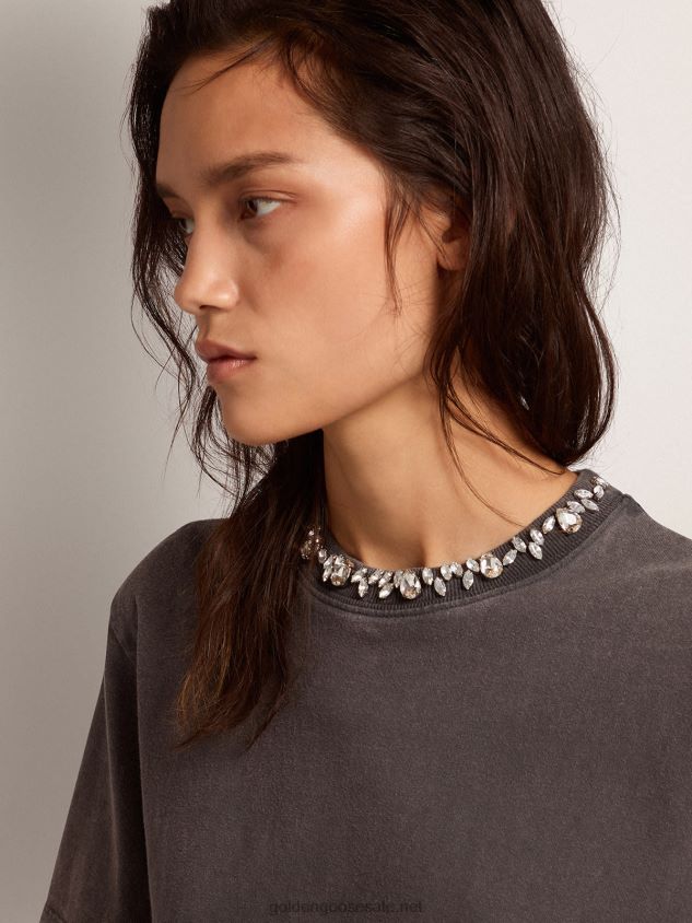 Collection T-shirt in anthracite gray with cabochon crystals FN20N947 Women Golden Goose