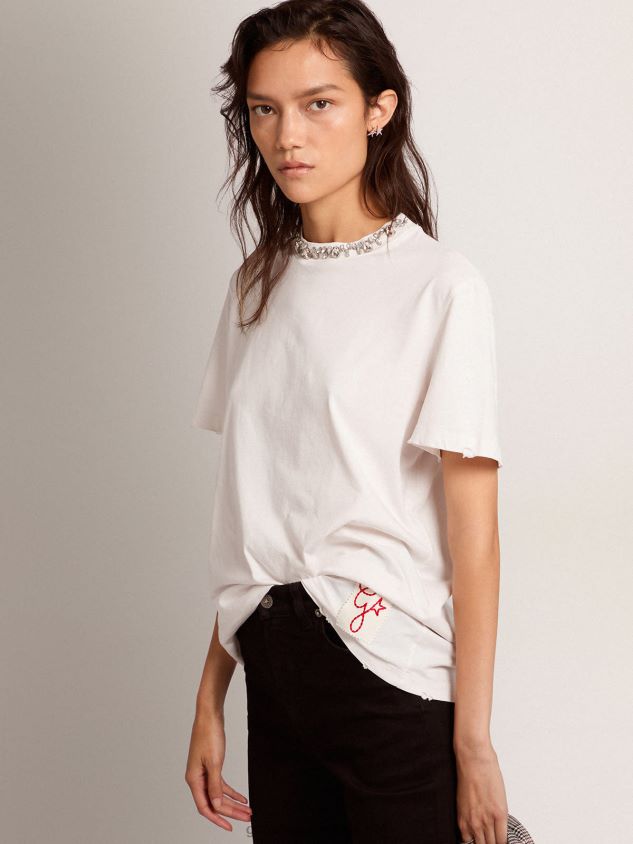 Collection T-shirt in white with cabochon crystals FN20N1059 Women Golden Goose