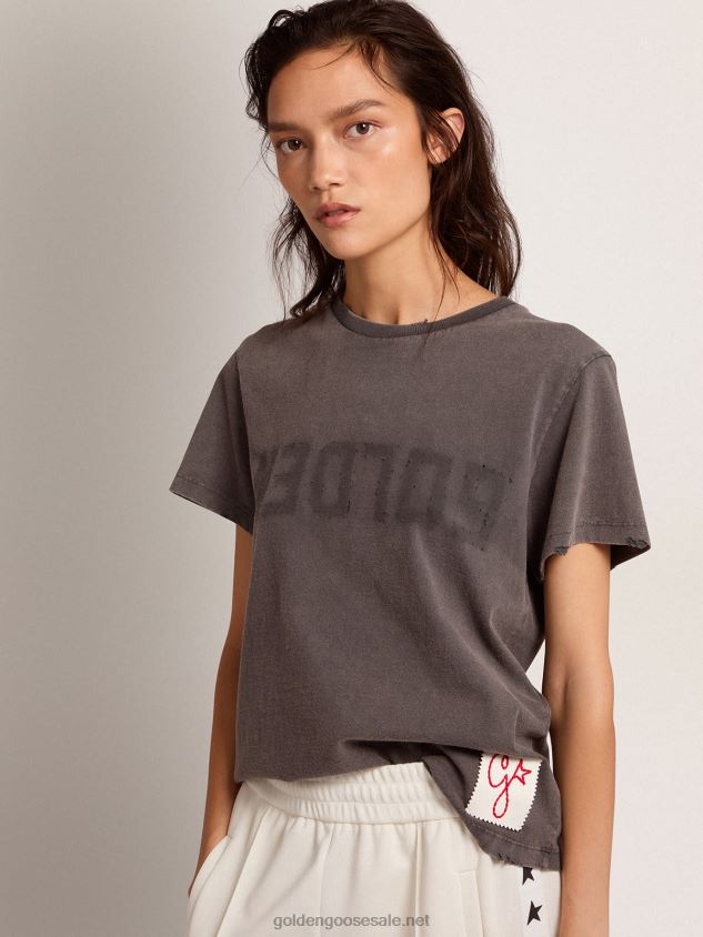 Distressed slim-fit T-shirt in anthracite gray FN20N918 Women Golden Goose