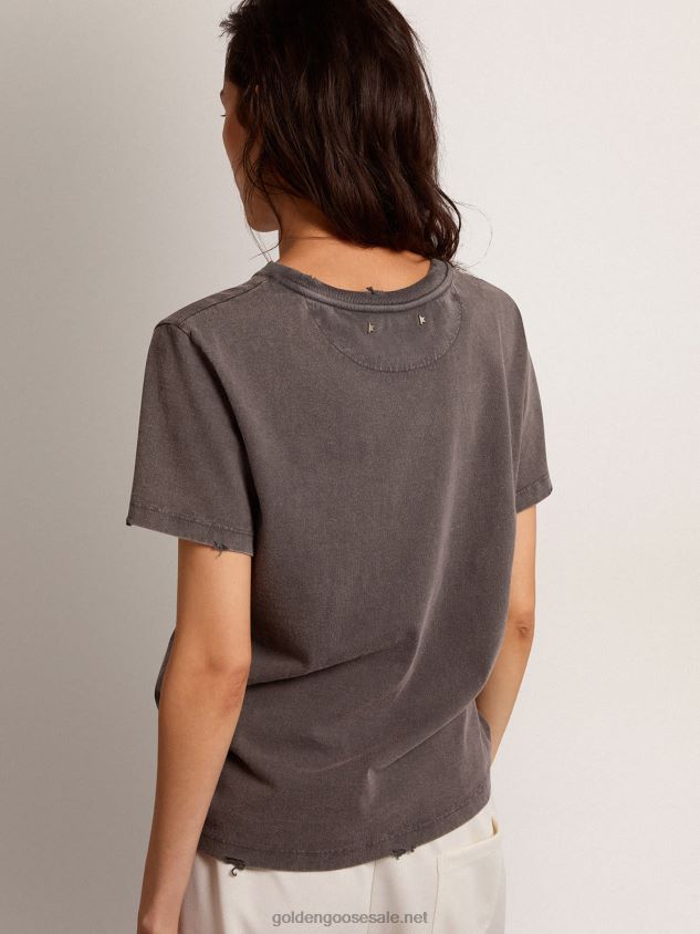 Distressed slim-fit T-shirt in anthracite gray FN20N918 Women Golden Goose