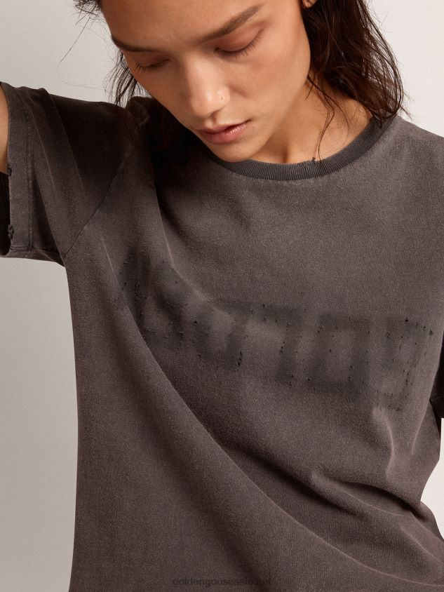 Distressed slim-fit T-shirt in anthracite gray FN20N918 Women Golden Goose