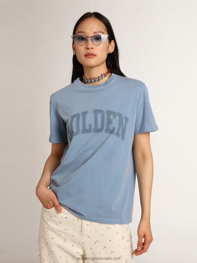 Harbor-blue Journey Collection distressed-effect T-shirt with tone-on-tone Golden lettering FN20N1000 Women