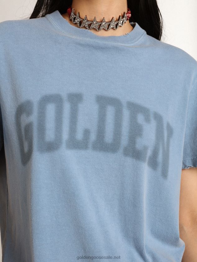 Harbor-blue Journey Collection distressed-effect T-shirt with tone-on-tone Golden lettering FN20N1000 Women