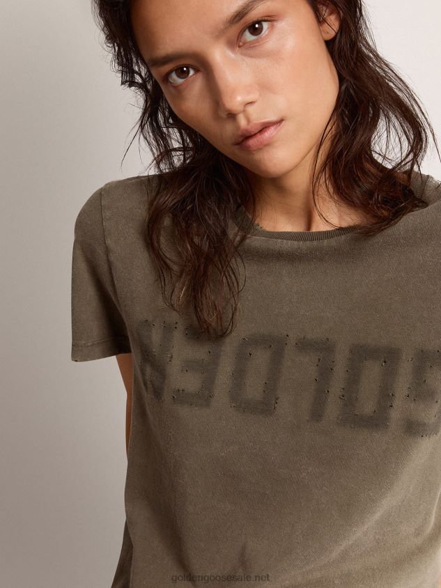 Olive-green regular-fit T-shirt with Golden lettering on the front FN20N1051 Women