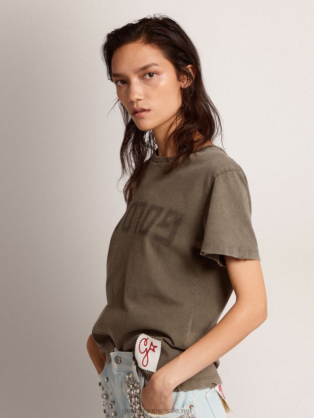 Olive-green slim-fit T-shirt with Golden lettering on the front FN20N961 Women