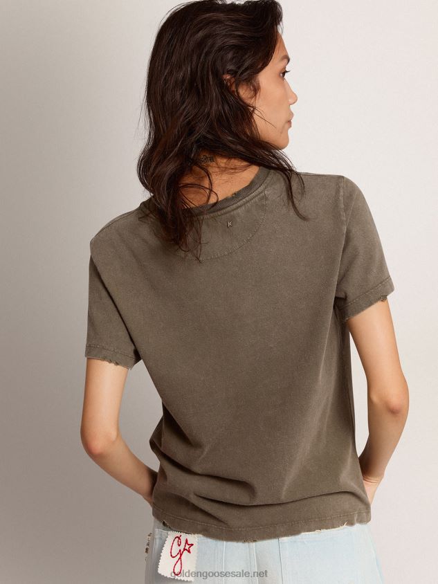 Olive-green slim-fit T-shirt with Golden lettering on the front FN20N961 Women