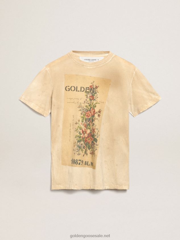 Paper-effect bone-white Journey Collection T-shirt with floral print on the front FN20N995 Women Golden Goose