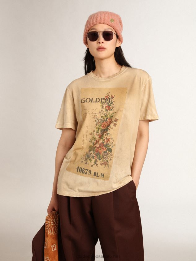 Paper-effect bone-white Journey Collection T-shirt with floral print on the front FN20N995 Women Golden Goose