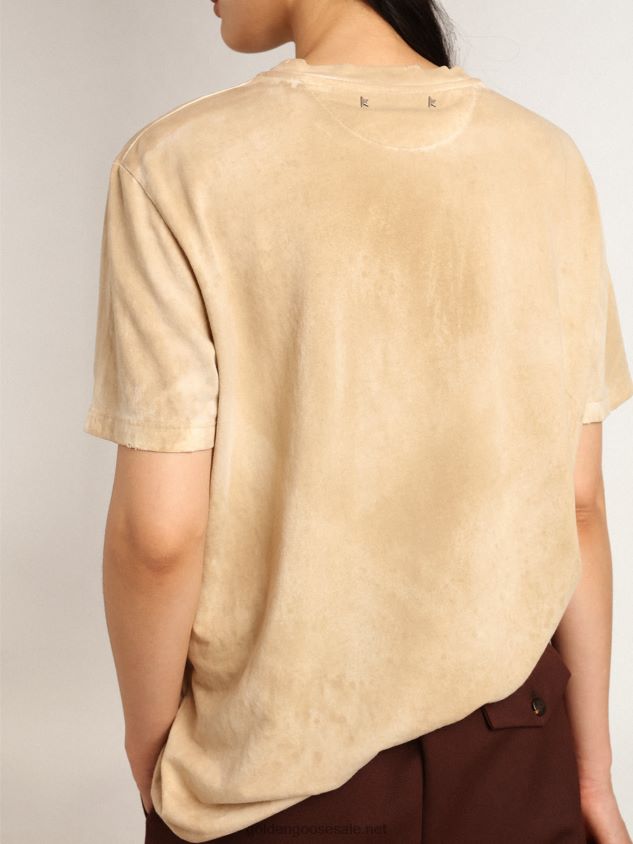 Paper-effect bone-white Journey Collection T-shirt with floral print on the front FN20N995 Women Golden Goose