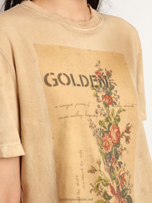 Paper-effect bone-white Journey Collection T-shirt with floral print on the front FN20N995 Women Golden Goose