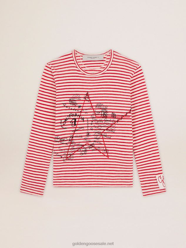 T-shirt with white and red stripes and embroidery on the front FN20N1021 Women Golden Goose