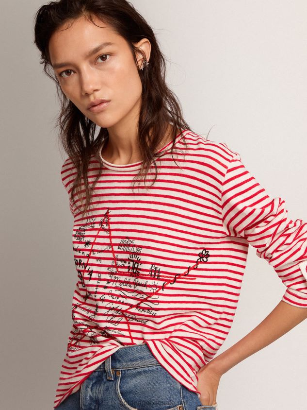 T-shirt with white and red stripes and embroidery on the front FN20N1021 Women Golden Goose