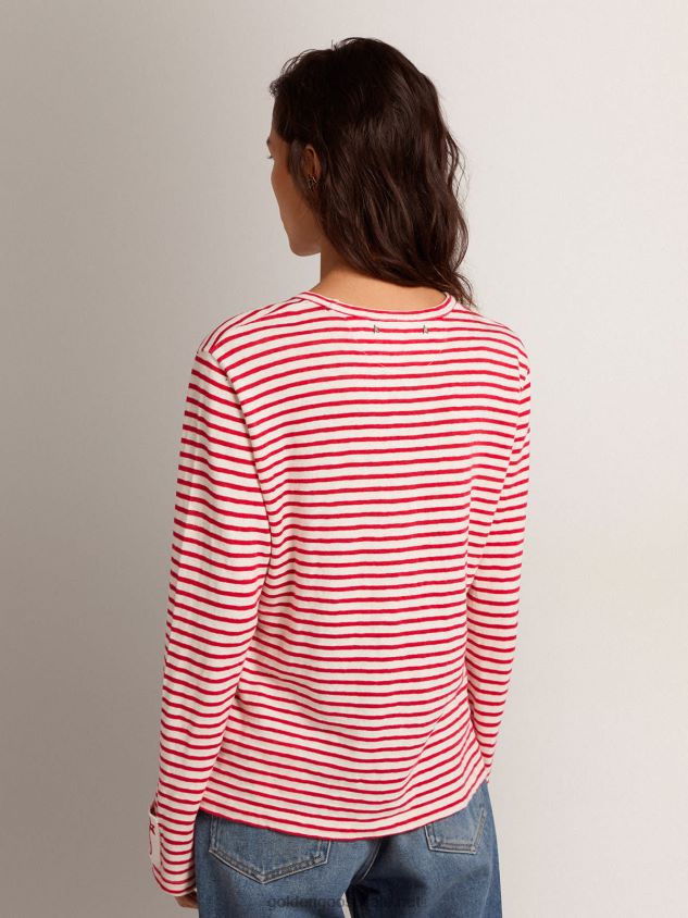 T-shirt with white and red stripes and embroidery on the front FN20N1021 Women Golden Goose