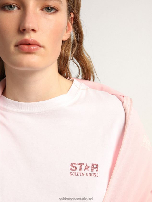 White Star Collection T-shirt with logo and star in pink glitter FN20N957 Women Golden Goose