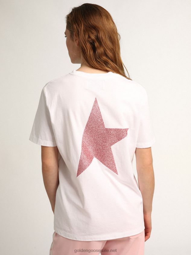 White Star Collection T-shirt with logo and star in pink glitter FN20N957 Women Golden Goose