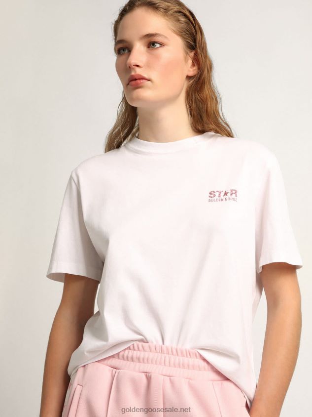White Star Collection T-shirt with logo and star in pink glitter FN20N957 Women Golden Goose