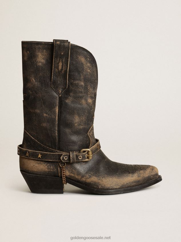 Low Wish Star boots in glossy black leather with chain FN20N426 Women Golden Goose