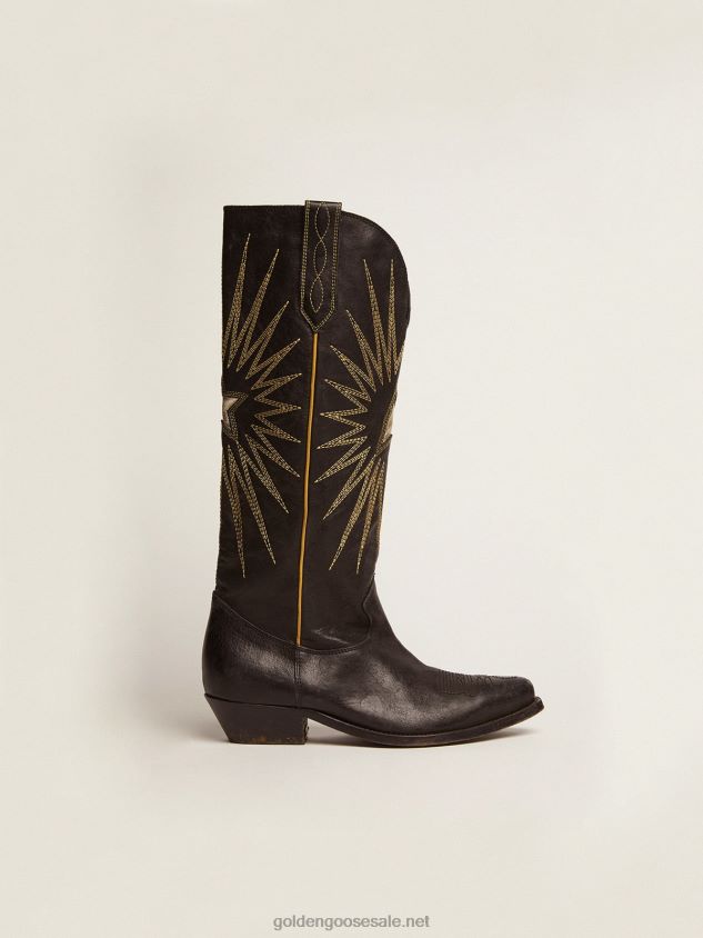 Wish Star boots in black leather with platinum laminated leather inlay star FN20N431 Women Golden Goose