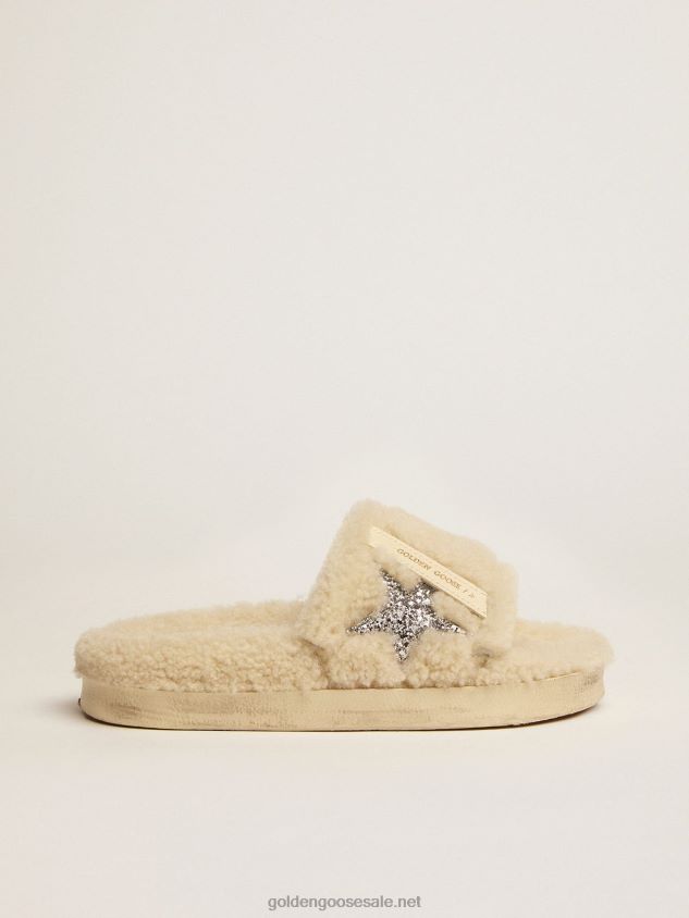 Beige shearling Poolstars with silver glitter star FN20N439 Women Golden Goose