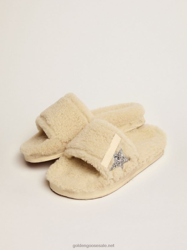 Beige shearling Poolstars with silver glitter star FN20N439 Women Golden Goose