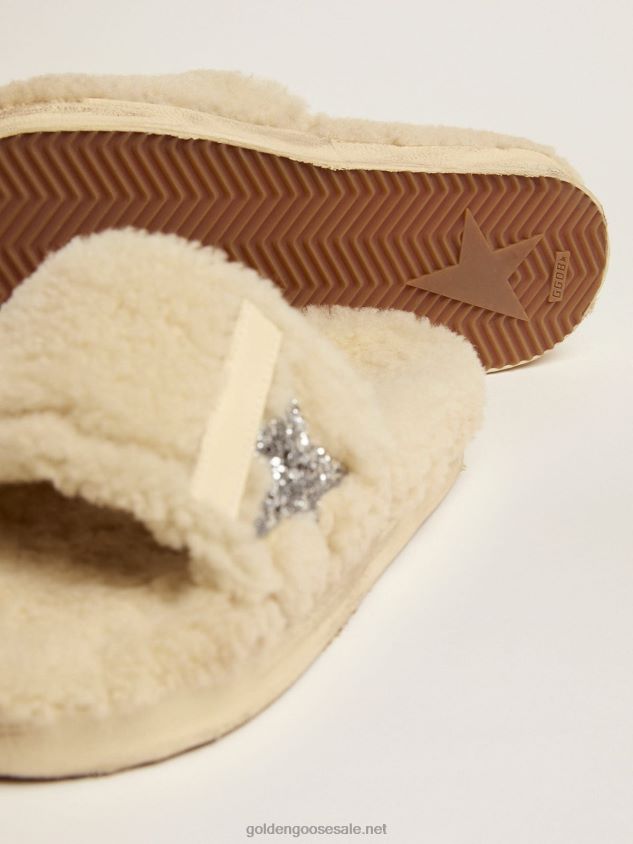 Beige shearling Poolstars with silver glitter star FN20N439 Women Golden Goose