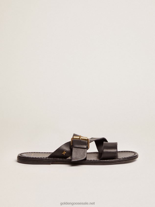 Margaret flat sandals in black resin-coated leather FN20N433 Women Golden Goose