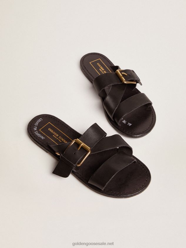 Margaret flat sandals in black resin-coated leather FN20N433 Women Golden Goose